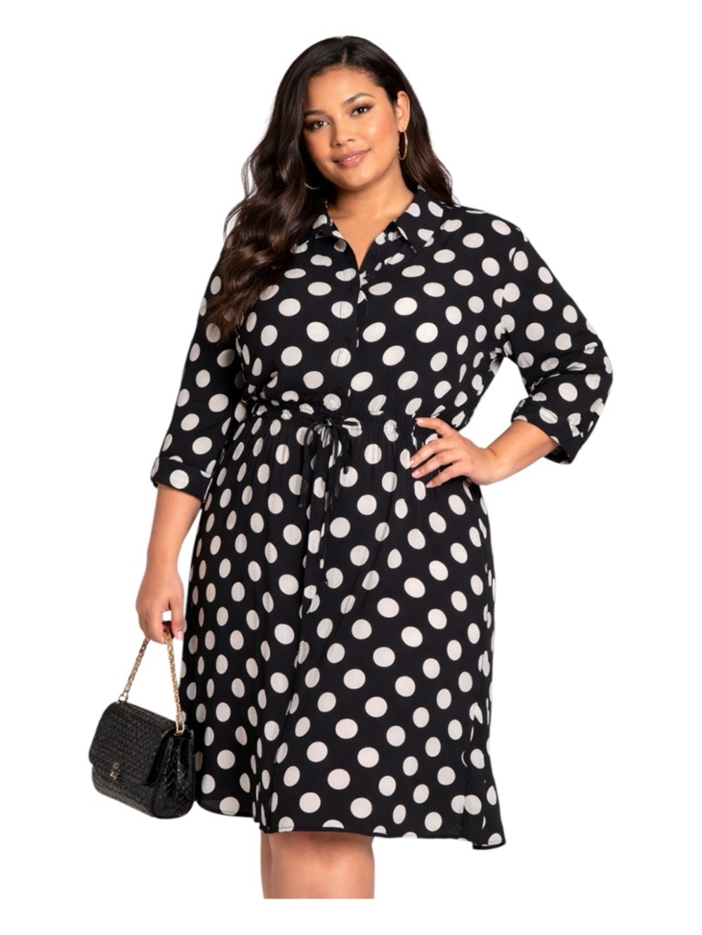 Who What Wear‎ Polka Dot Dress XXL Black White Tie Waist Button Front Midi